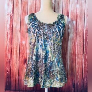 Women’s Medium Petite Tank Top World Wear Unity Multicolored Beaded Silky Bust